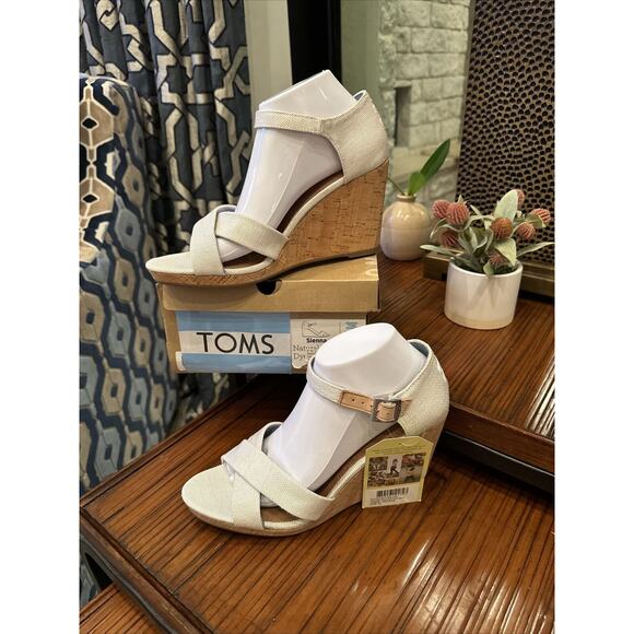 TOMS Sandals New Womens 10 Ankle Strap Natural Cork Sienna Wedge Beige Canvas - Picture 2 of 11